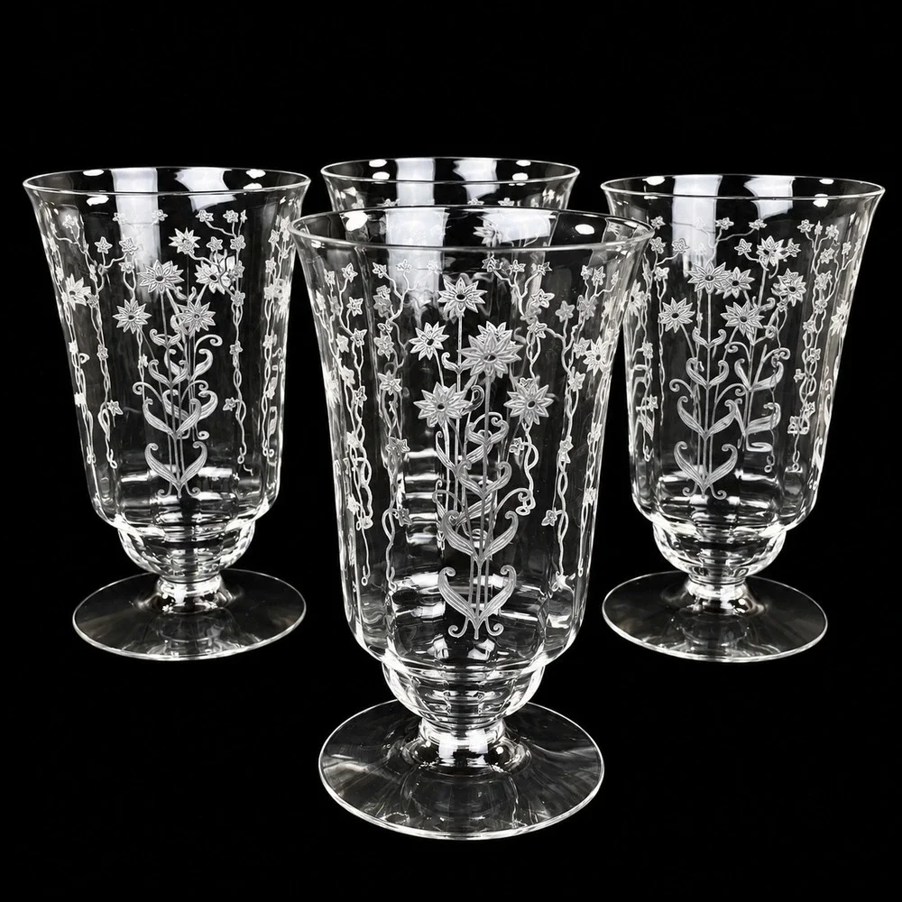 Fostoria Manor Crystal Iced Tea Glasses Set of 4 Etched Floral 1930s
